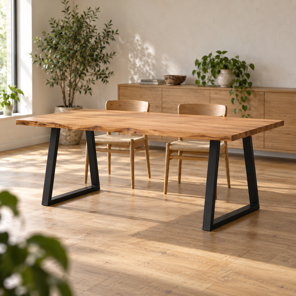 Table à manger sur pieds en V 80 × 72 cm en acier dans une salle à manger