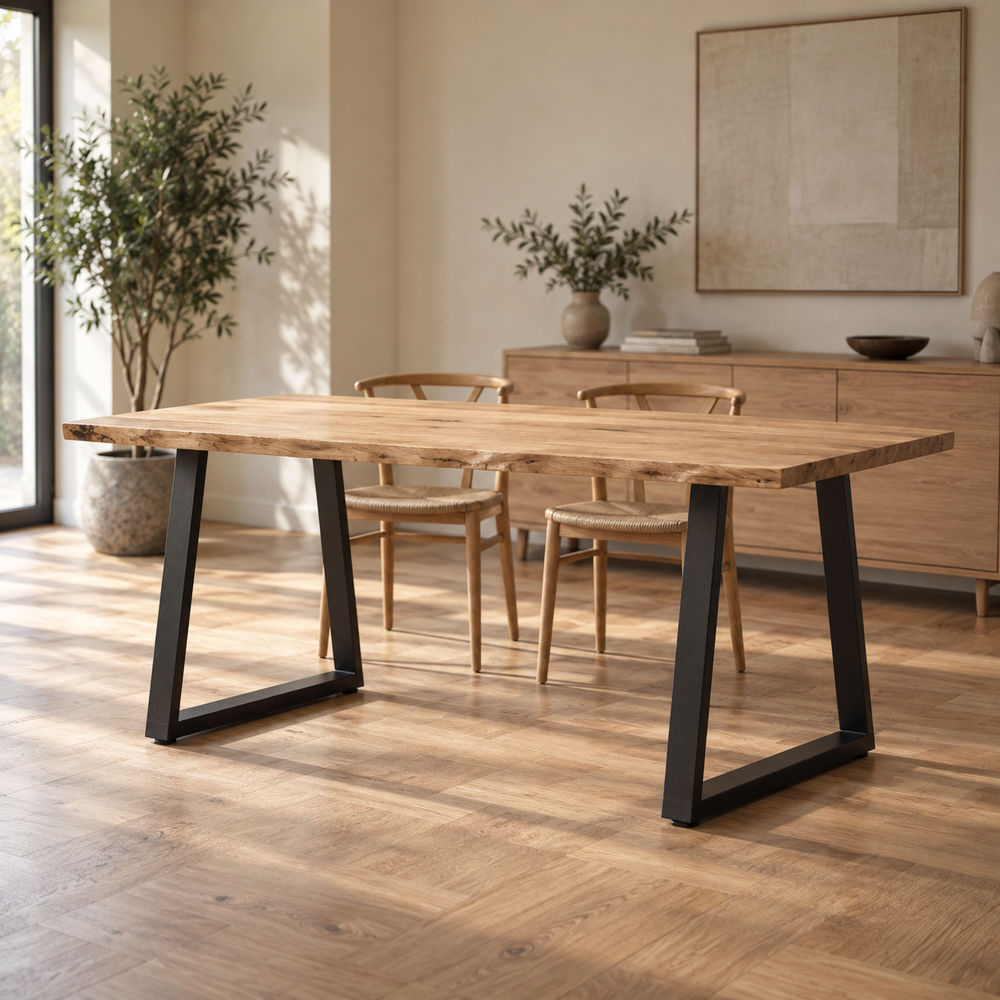 Table à manger sur pieds en V 90 × 72 cm en acier dans une salle à manger
