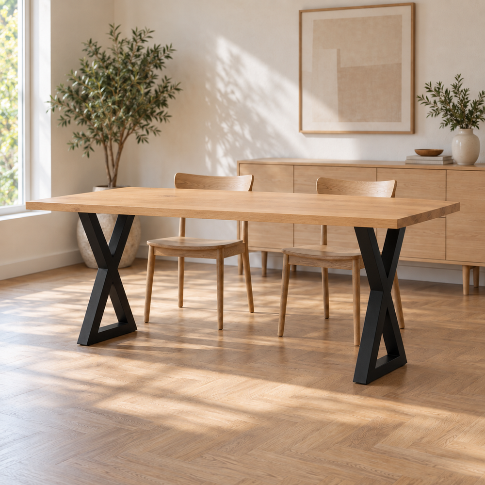 Table à manger sur pieds en X 50 × 72 cm en acier dans une salle à manger