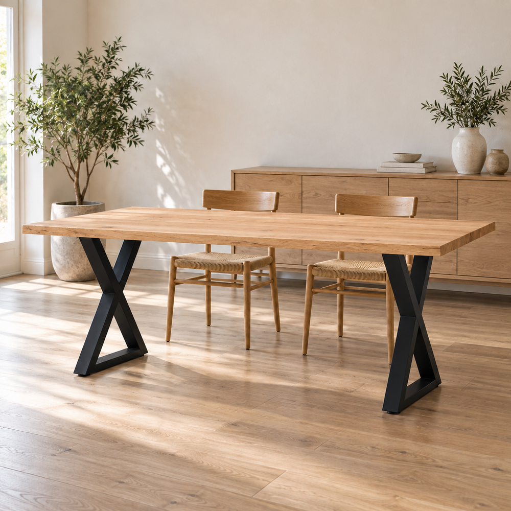 Table à manger sur pieds en X 70 × 72 cm en acier dans une salle à manger