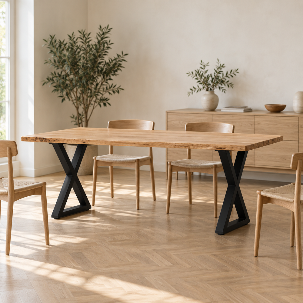 Table à manger sur pieds en X 80 × 72 cm en acier dans une salle à manger