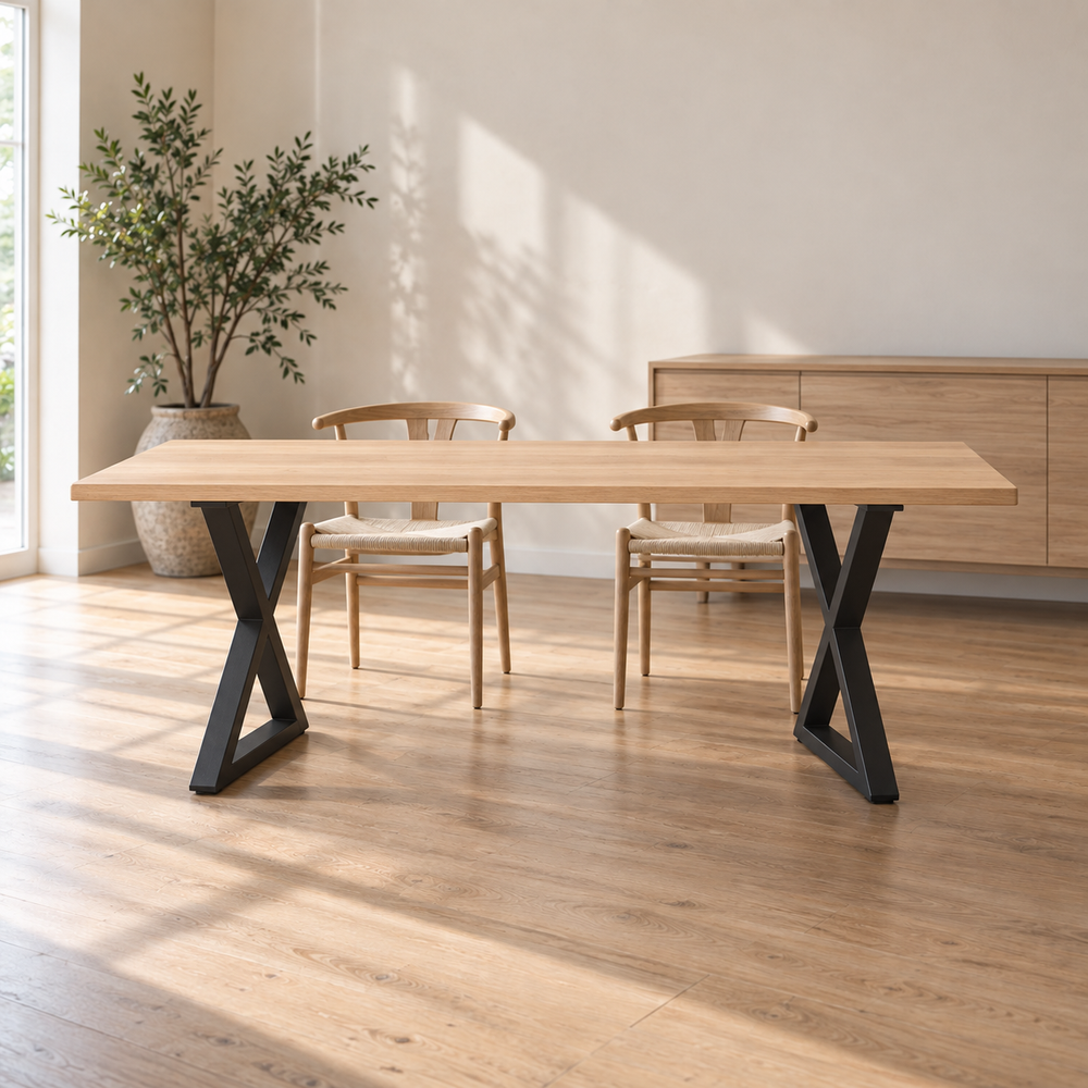 Table à manger sur pieds en X 90 × 72 cm en acier dans une salle à manger