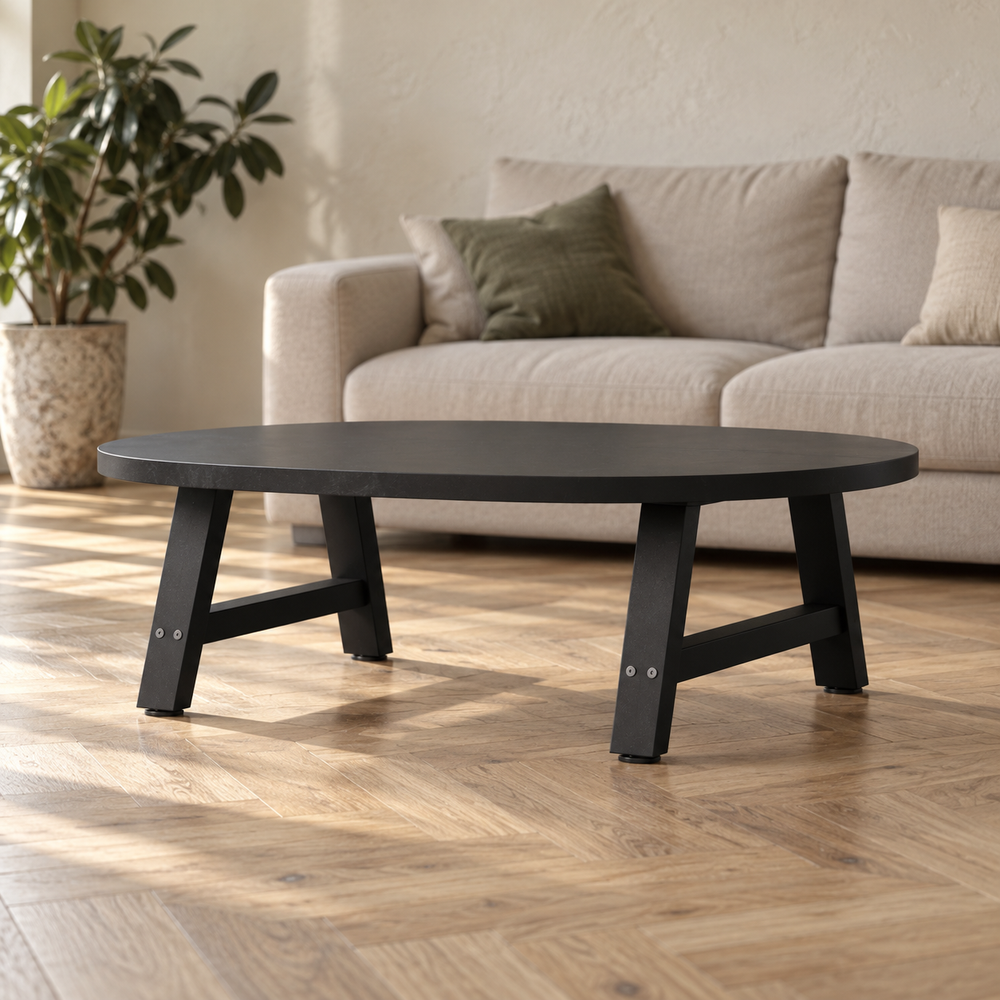 Table basse sur pieds en A 60 × 30 cm en acier dans un salon