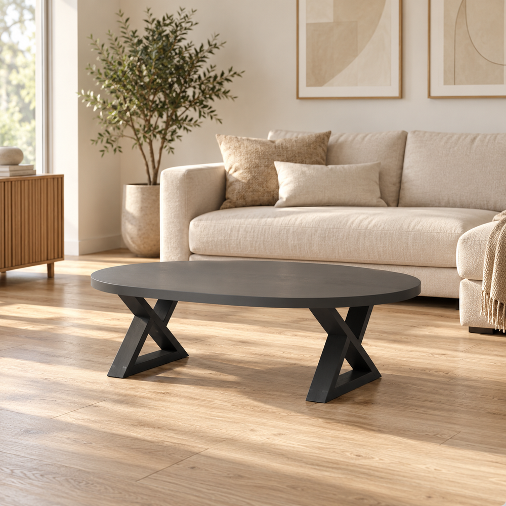 Table basse sur pieds en X 60 × 30 cm en acier dans un salon