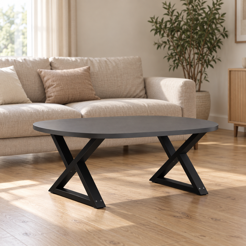 Table basse sur pieds en X 70 × 42 cm en acier dans un salon