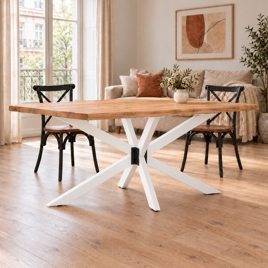 Table à manger blanche salon lumineux – Pied de table Araignée, 150 × 78 × 72 cm