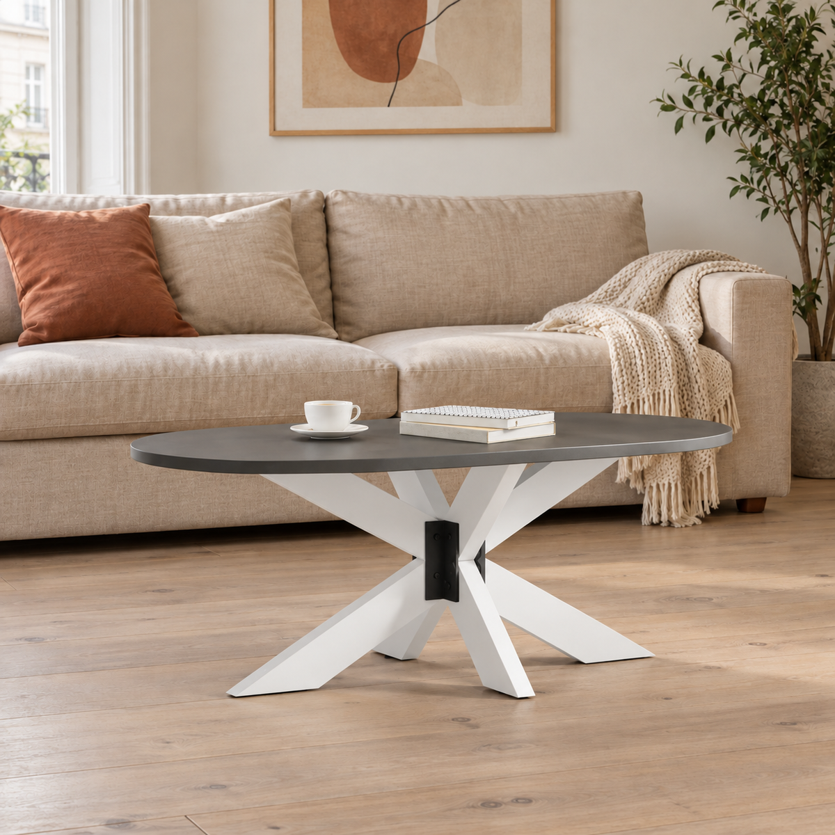 Table basse grise dans un salon lumineux – Pied de table basse Araignée, 98 × 58 × 42 cm