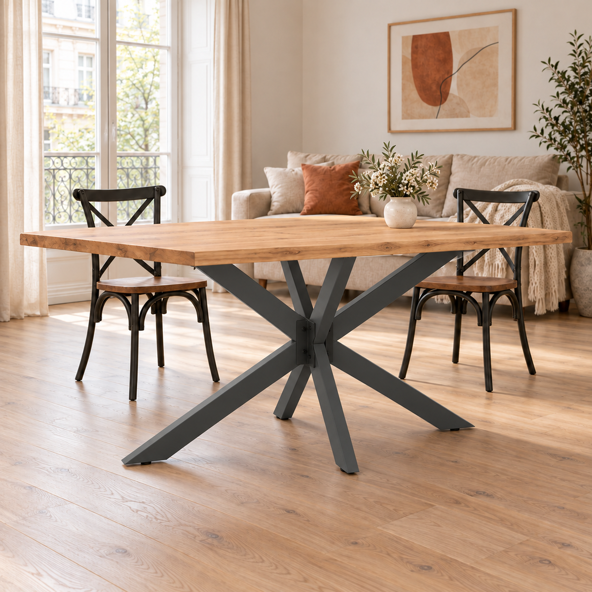 Table en chêne au piètement anthracite – Pied de table Araignée, 120 × 68 × 72 cm