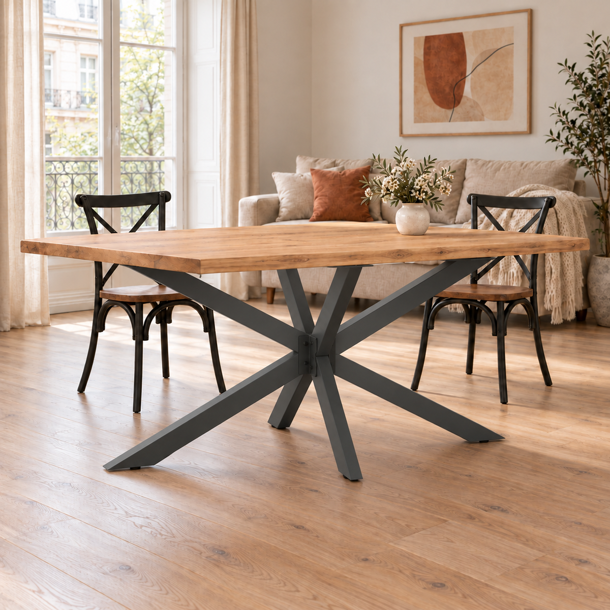 Table en chêne base anthracite élargie – Pied de table Araignée, 150 × 78 × 72 cm