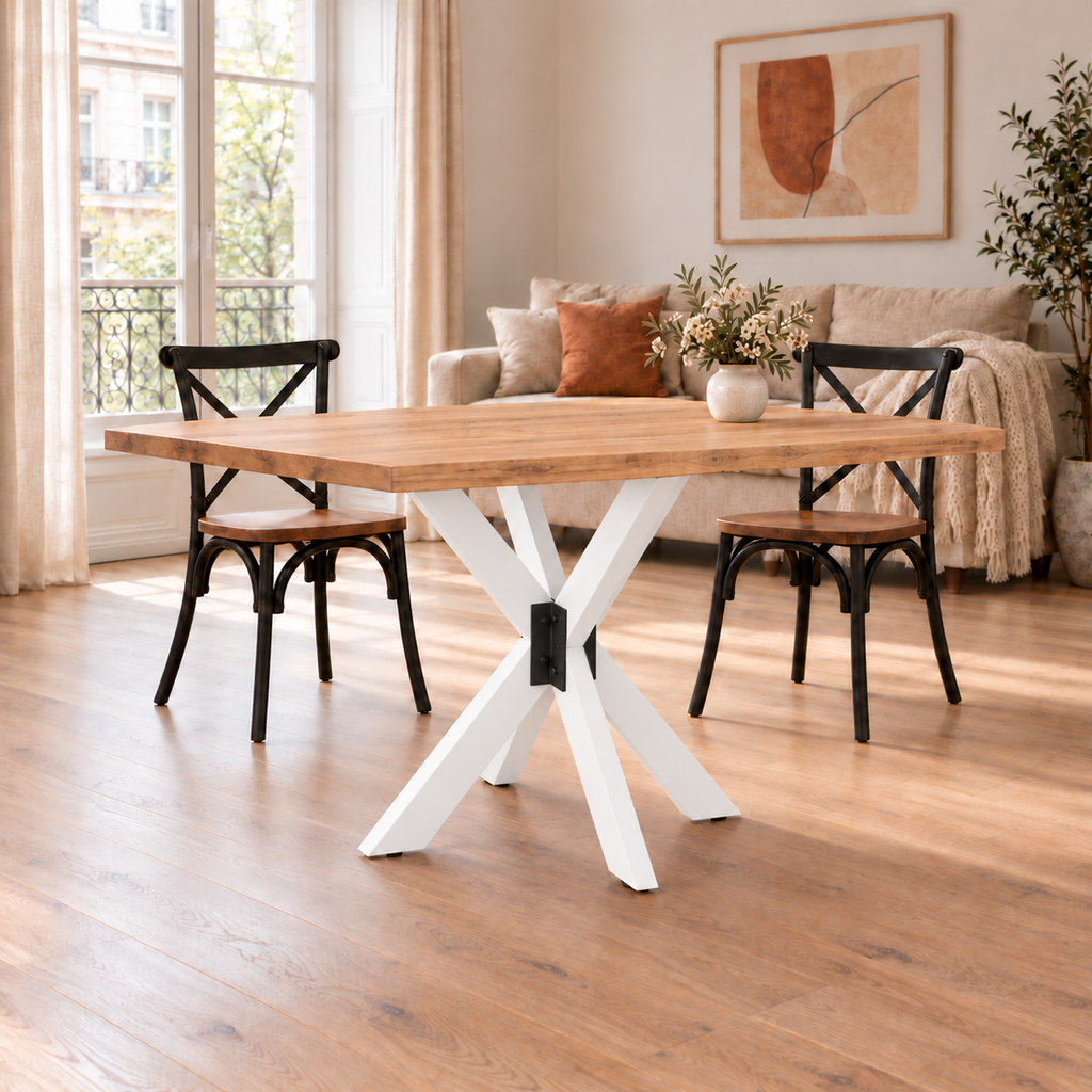 Table en chêne piètement blanc jonction noire – Pied de table Araignée, 85 × 85 × 72 cm