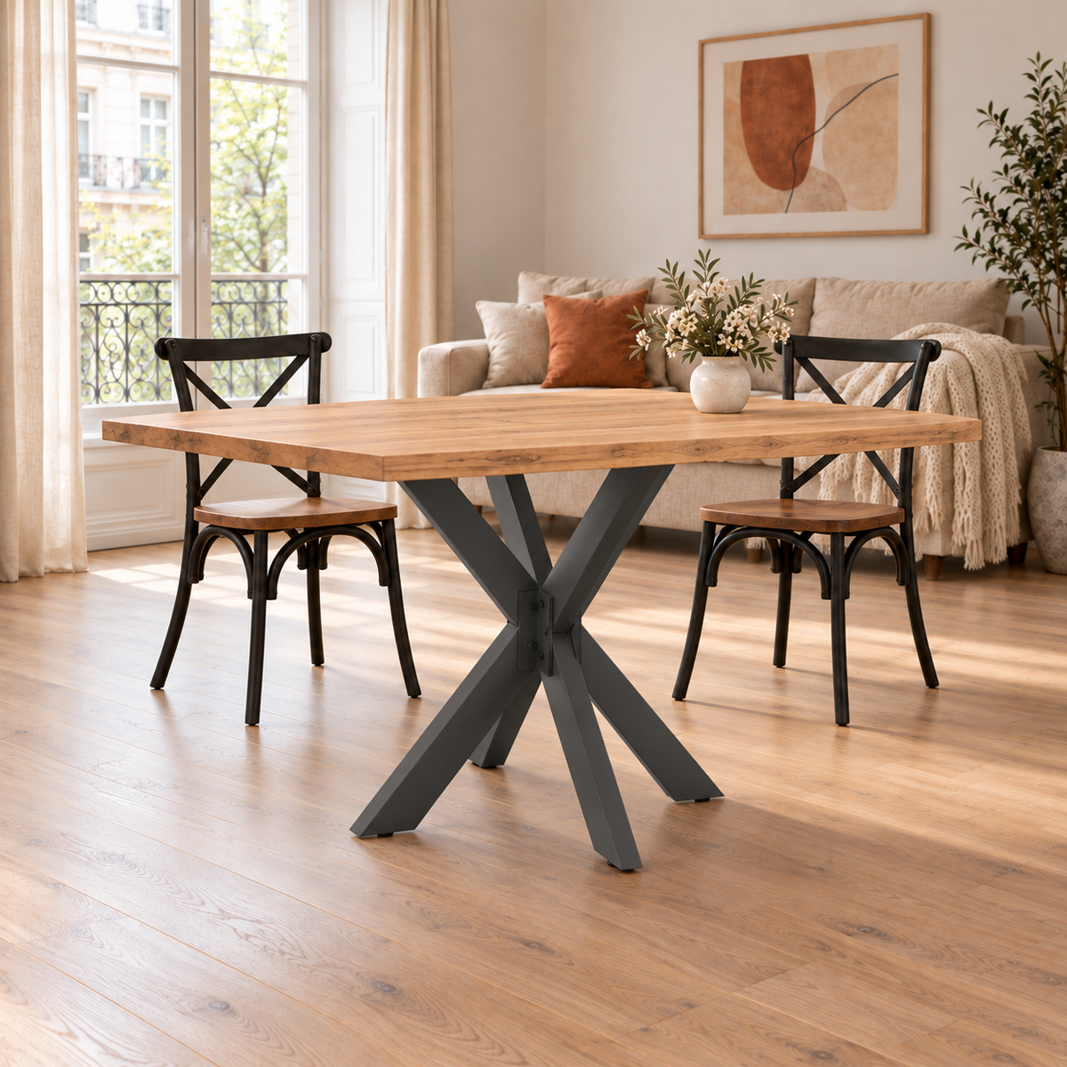 Table en chêne sur base anthracite – Pied de table Araignée, 85 × 85 × 72 cm