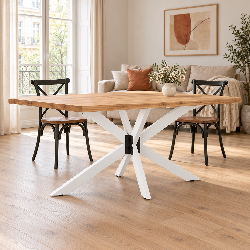 Table en chêne sur piètement blanc – Pied de table Araignée, 120 × 68 × 72 cm