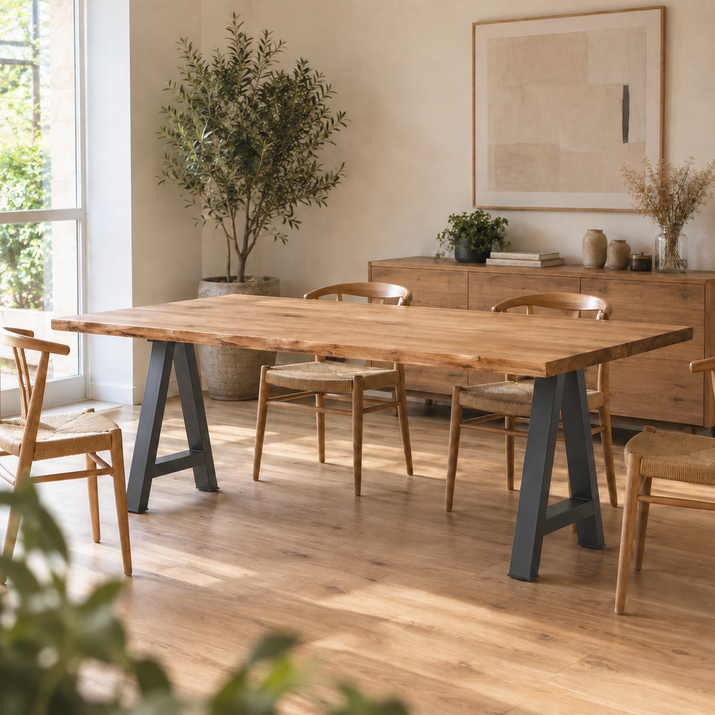 Pieds de table à manger en A en acier anthracite, lot de 2, 50 × 72 cm, en situation dans une salle à manger