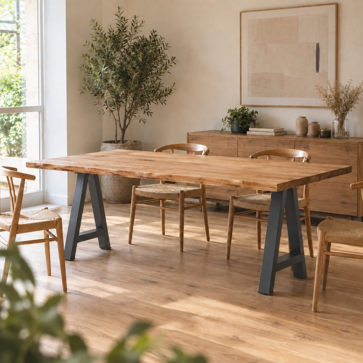 Pieds de table à manger en A en acier anthracite, lot de 2, 50 × 72 cm, en situation dans une salle à manger