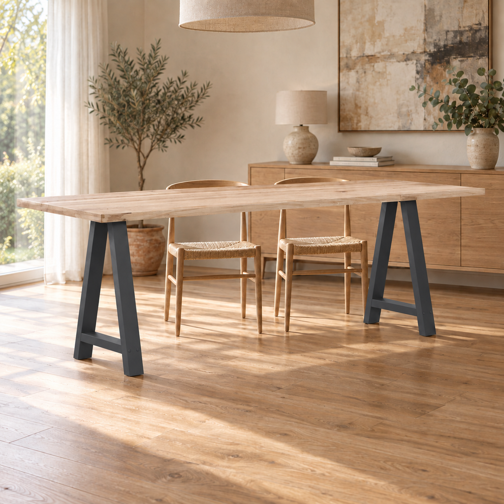 Pieds de table à manger en A en acier anthracite, lot de 2, 60 × 72 cm, en situation dans une salle à manger