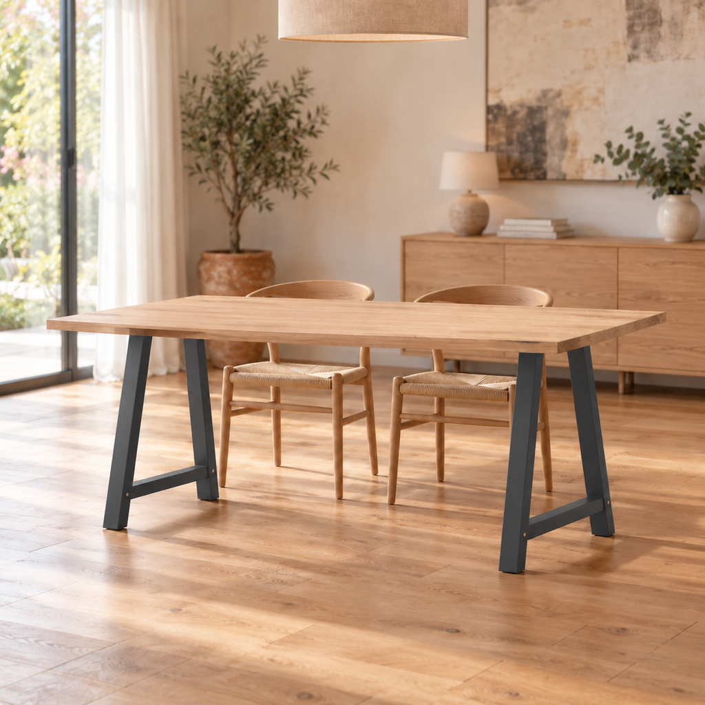 Pieds de table à manger en A en acier anthracite, lot de 2, 70 × 72 cm, en situation dans une salle à manger