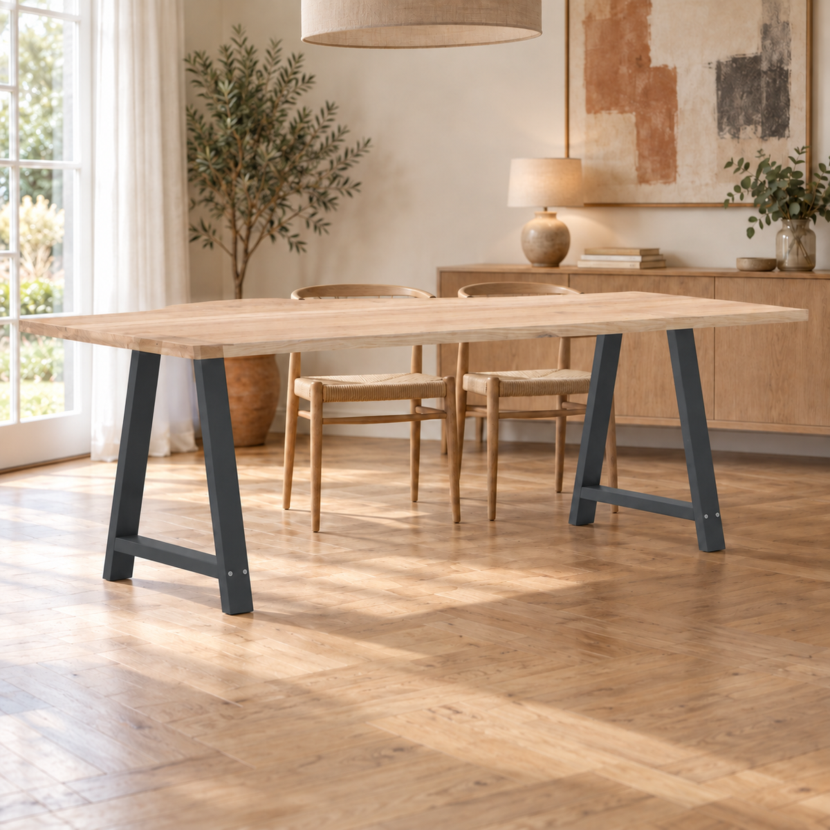 Pieds de table à manger en A en acier anthracite, lot de 2, 80 × 72 cm, en situation dans une salle à manger