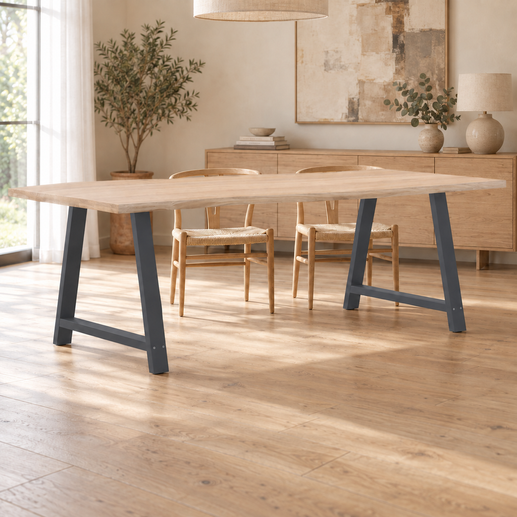 Pieds de table à manger en A en acier anthracite, lot de 2, 90 × 72 cm, en situation dans une salle à manger