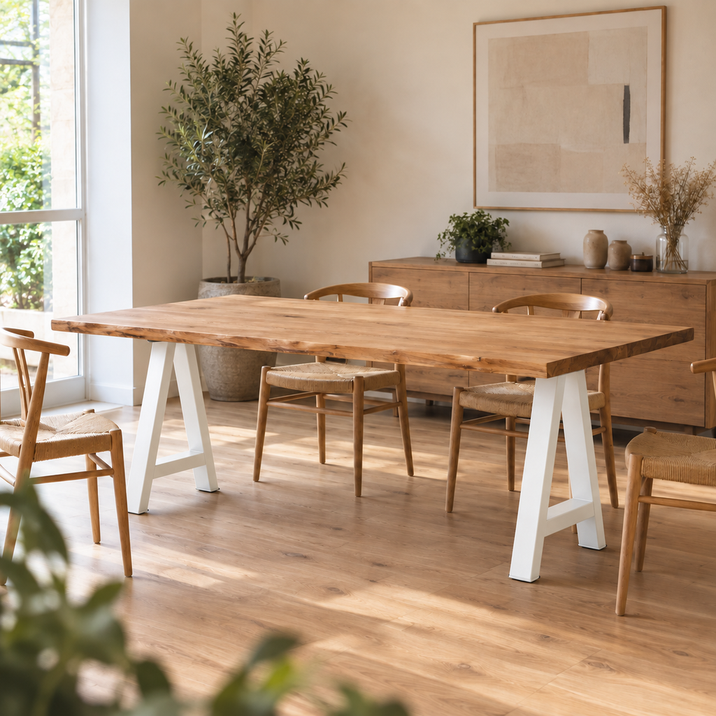 Pieds de table à manger en A en acier blanc, lot de 2, 50 × 72 cm, en situation dans une salle à manger