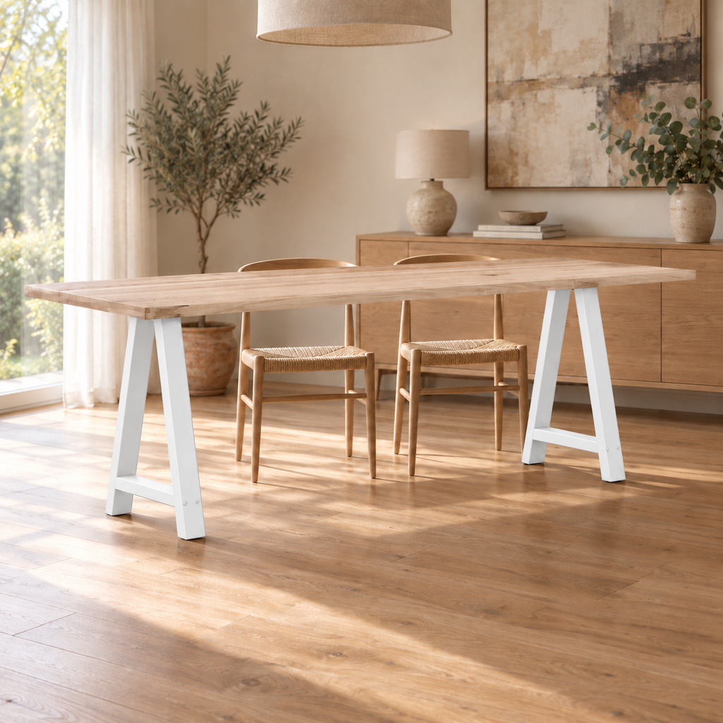 Pieds de table à manger en A en acier blanc, lot de 2, 60 × 72 cm, en situation dans une salle à manger