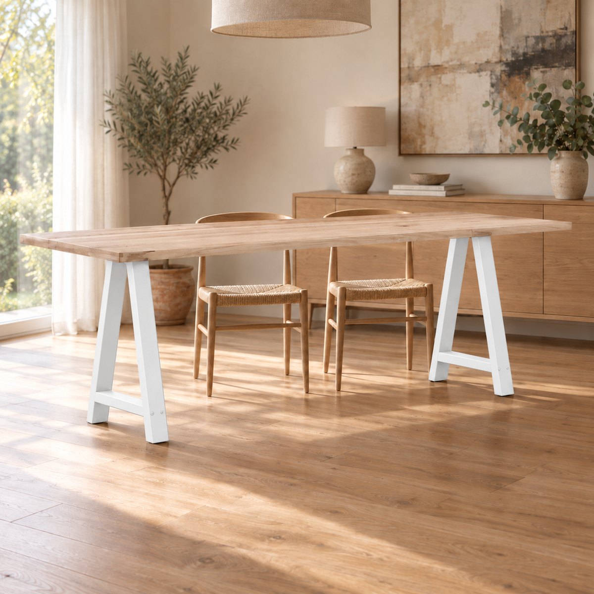 Pieds de table à manger en A en acier blanc, lot de 2, 60 × 72 cm, en situation dans une salle à manger