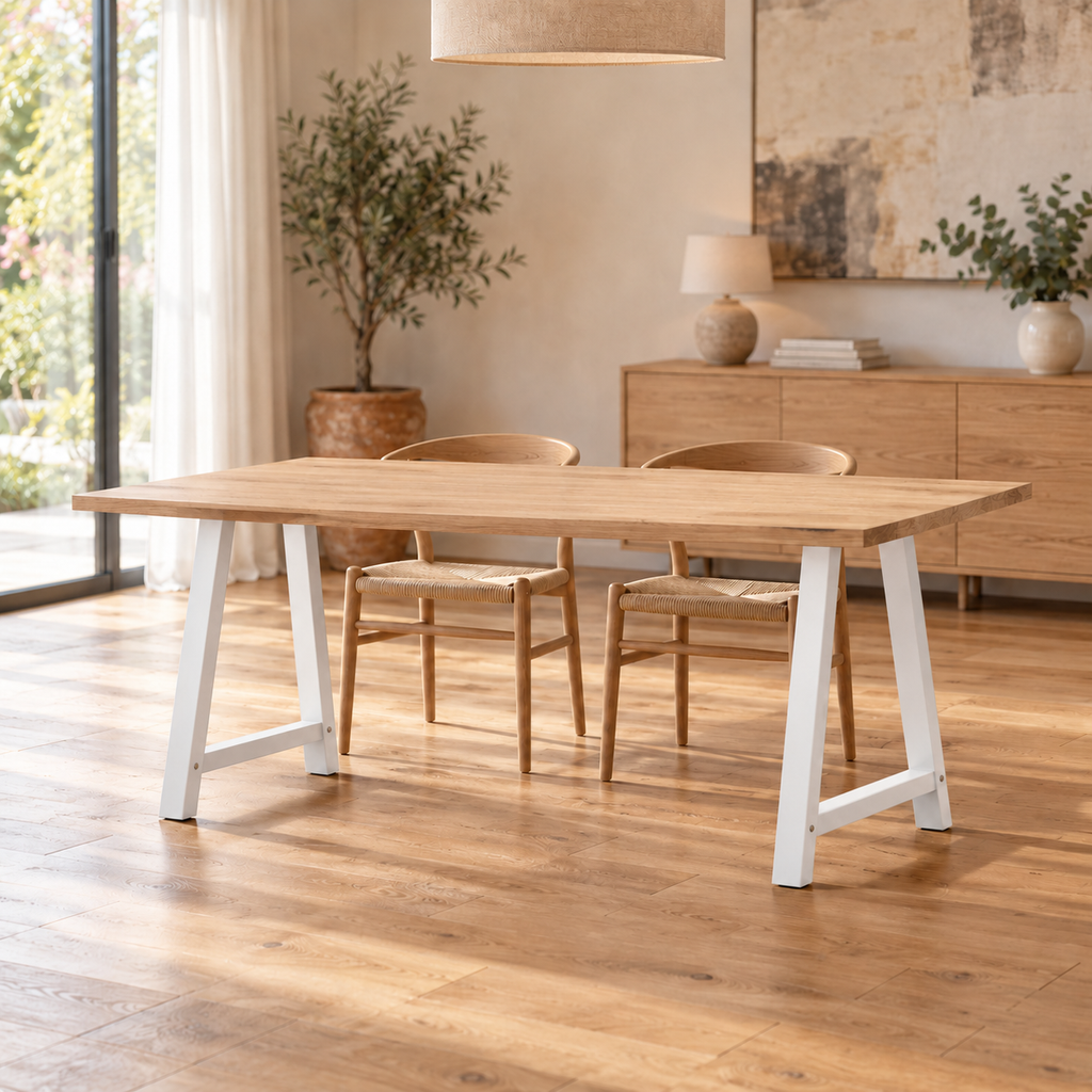 Pieds de table à manger en A en acier blanc, lot de 2, 70 × 72 cm, en situation dans une salle à manger