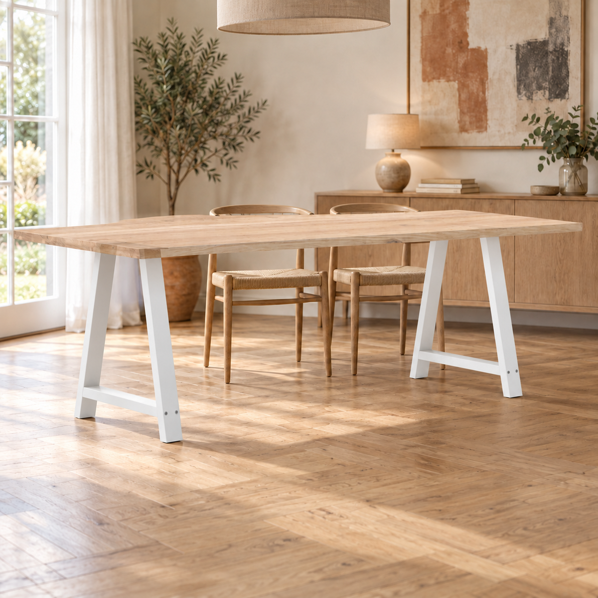 Pieds de table à manger en A en acier blanc, lot de 2, 80 × 72 cm, en situation dans une salle à manger