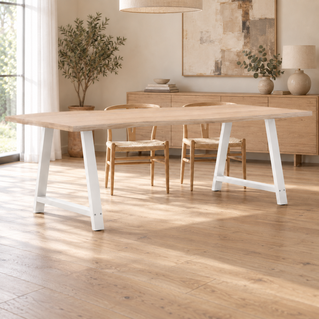 Pieds de table à manger en A en acier blanc, lot de 2, 90 × 72 cm, en situation dans une salle à manger