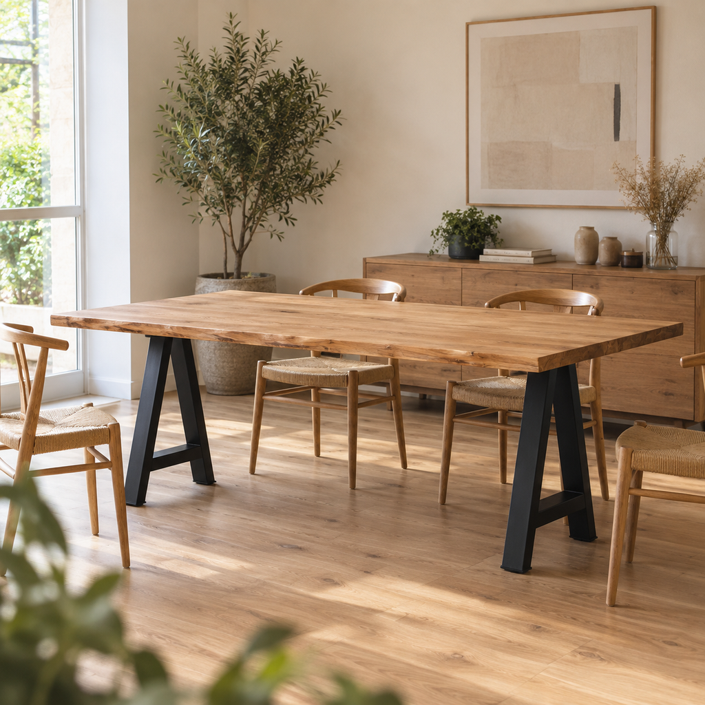 Pieds de table à manger en A en acier noir, lot de 2, 50 × 72 cm, en situation dans une salle à manger