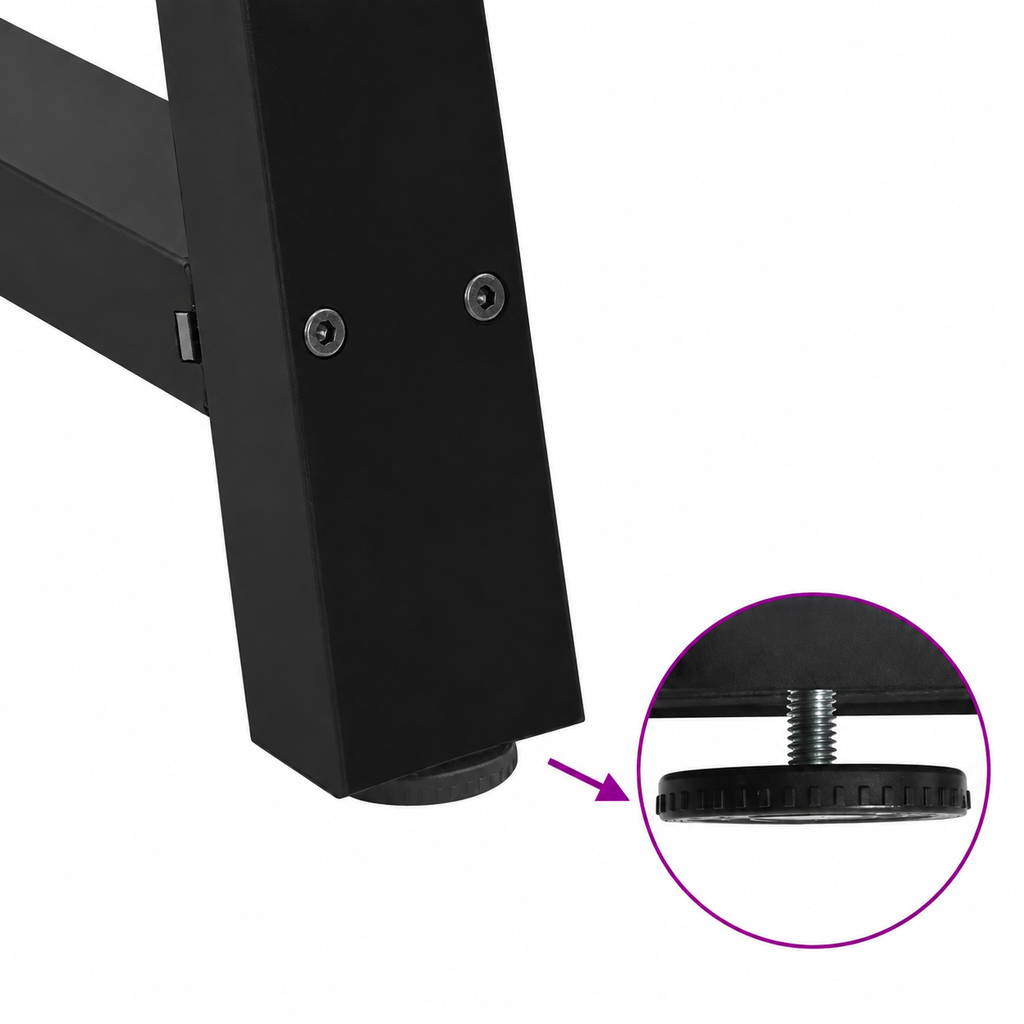 Détail du patin réglable des pieds de table à manger en A en acier noir, 50 × 72 cm