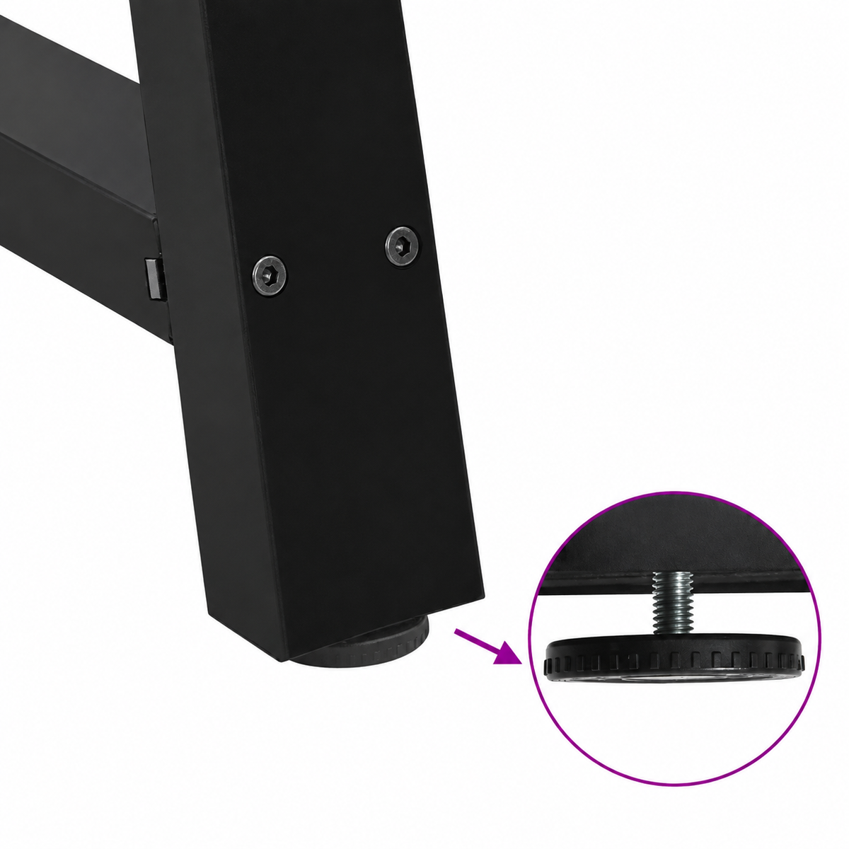 Détail du patin réglable des pieds de table à manger en A en acier noir, 50 × 72 cm