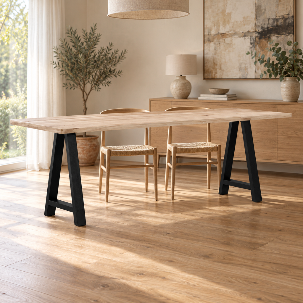 Pieds de table à manger en A en acier noir, lot de 2, 60 × 72 cm, en situation dans une salle à manger
