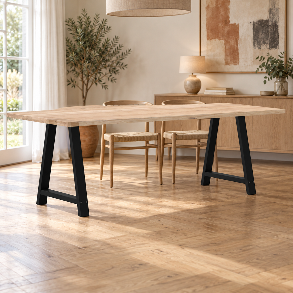 Pieds de table à manger en A en acier noir, lot de 2, 80 × 72 cm, en situation dans une salle à manger