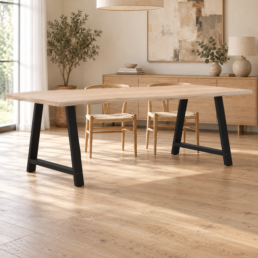 Pieds de table à manger en A en acier noir, lot de 2, 90 × 72 cm, en situation dans une salle à manger