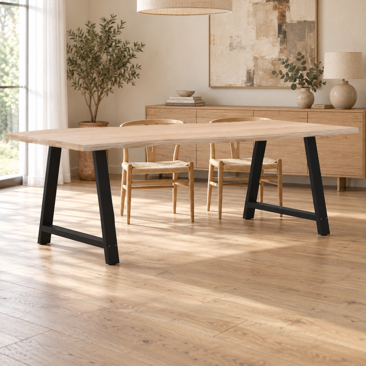 Pieds de table à manger en A en acier noir, lot de 2, 90 × 72 cm, en situation dans une salle à manger