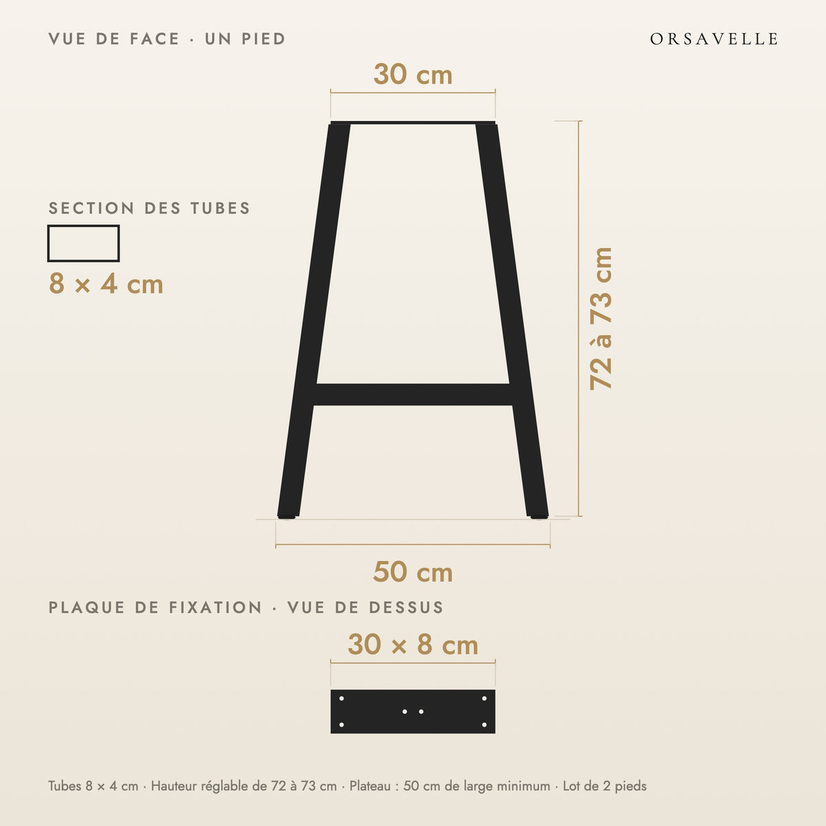 Schéma coté des Pieds de table à manger en A en acier, Lot de 2, 50 × 72 cm : vue de face d'un pied, plaque de fixation, dimensions en cm