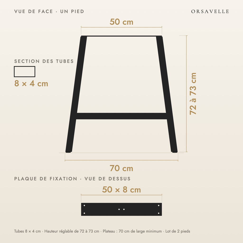 Schéma coté des Pieds de table à manger en A en acier, Lot de 2, 70 × 72 cm : vue de face d'un pied, plaque de fixation, dimensions en cm