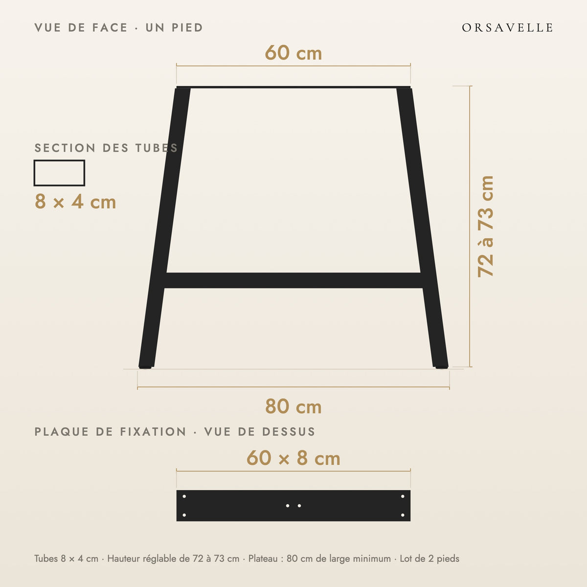 Schéma coté des Pieds de table à manger en A en acier, Lot de 2, 80 × 72 cm : vue de face d'un pied, plaque de fixation, dimensions en cm