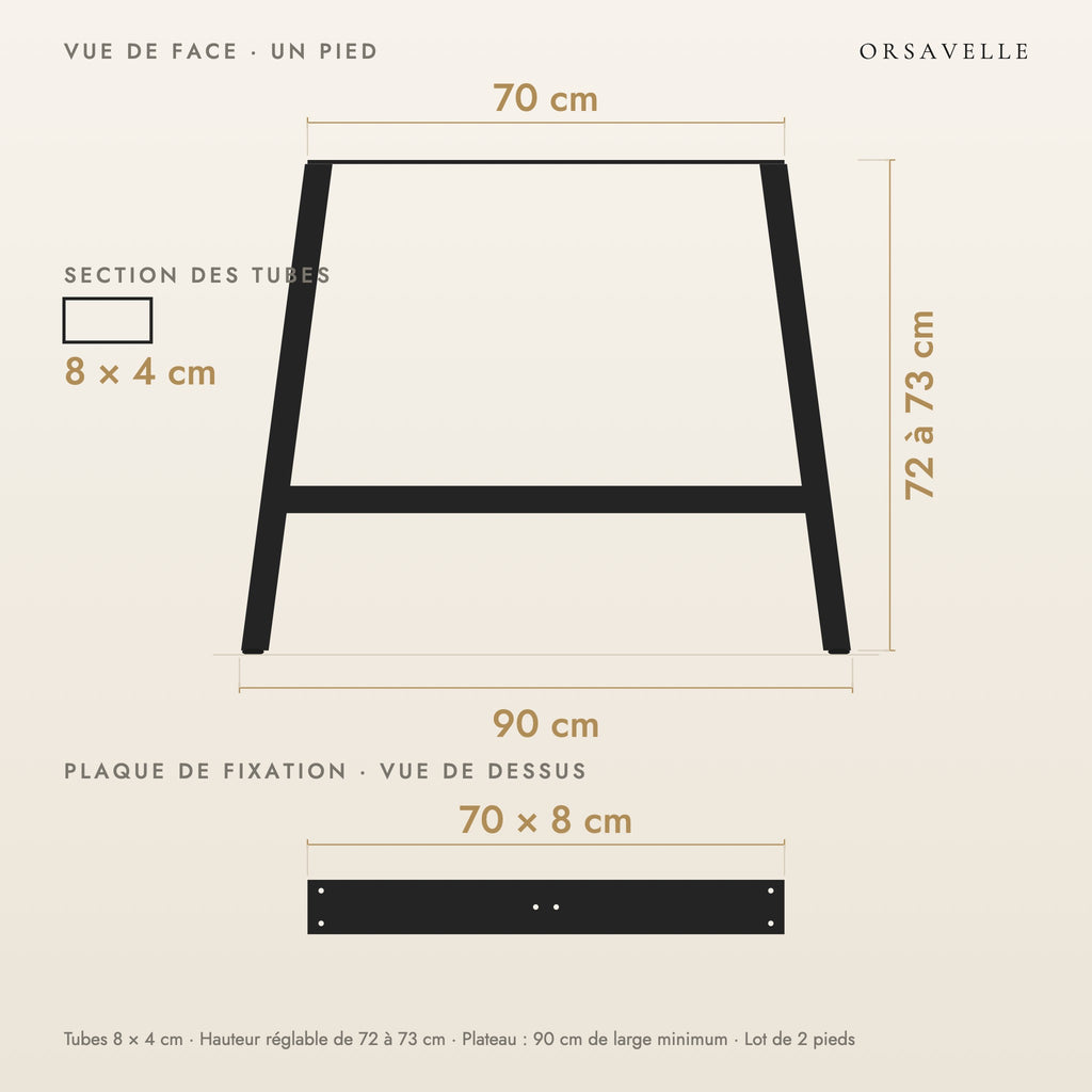 Schéma coté des Pieds de table à manger en A en acier, Lot de 2, 90 × 72 cm : vue de face d'un pied, plaque de fixation, dimensions en cm