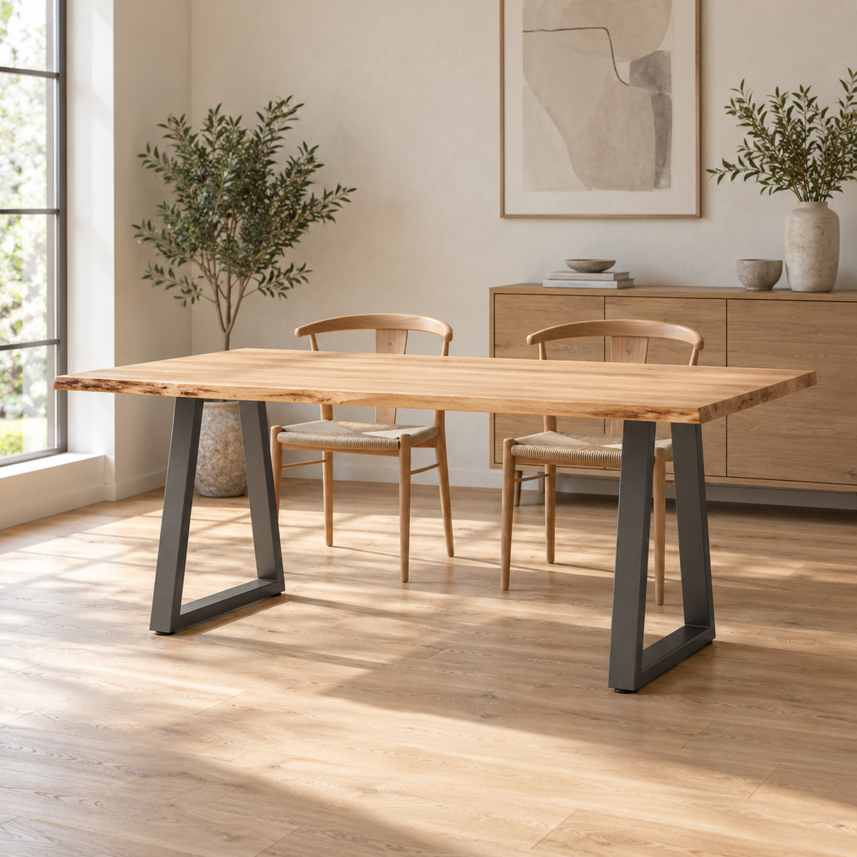 Pieds de table à manger en V en acier anthracite, lot de 2, 50 × 72 cm, en situation dans une salle à manger