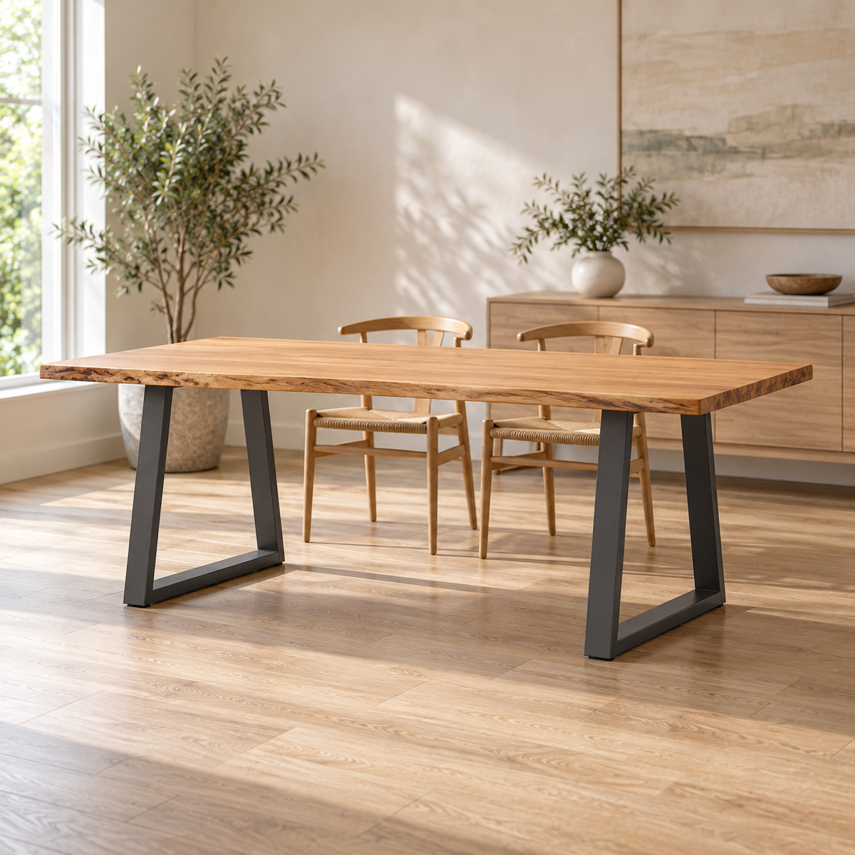 Pieds de table à manger en V en acier anthracite, lot de 2, 70 × 72 cm, en situation dans une salle à manger