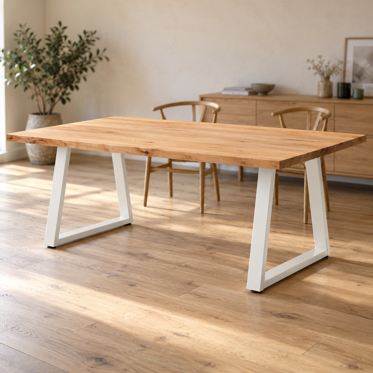 Pieds de table à manger en V en acier blanc, lot de 2, 100 × 72 cm, en situation dans une salle à manger