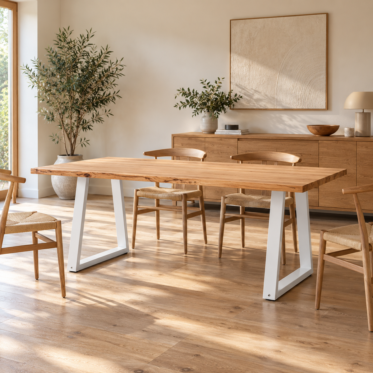 Pieds de table à manger en V en acier blanc, lot de 2, 50 × 72 cm, en situation dans une salle à manger