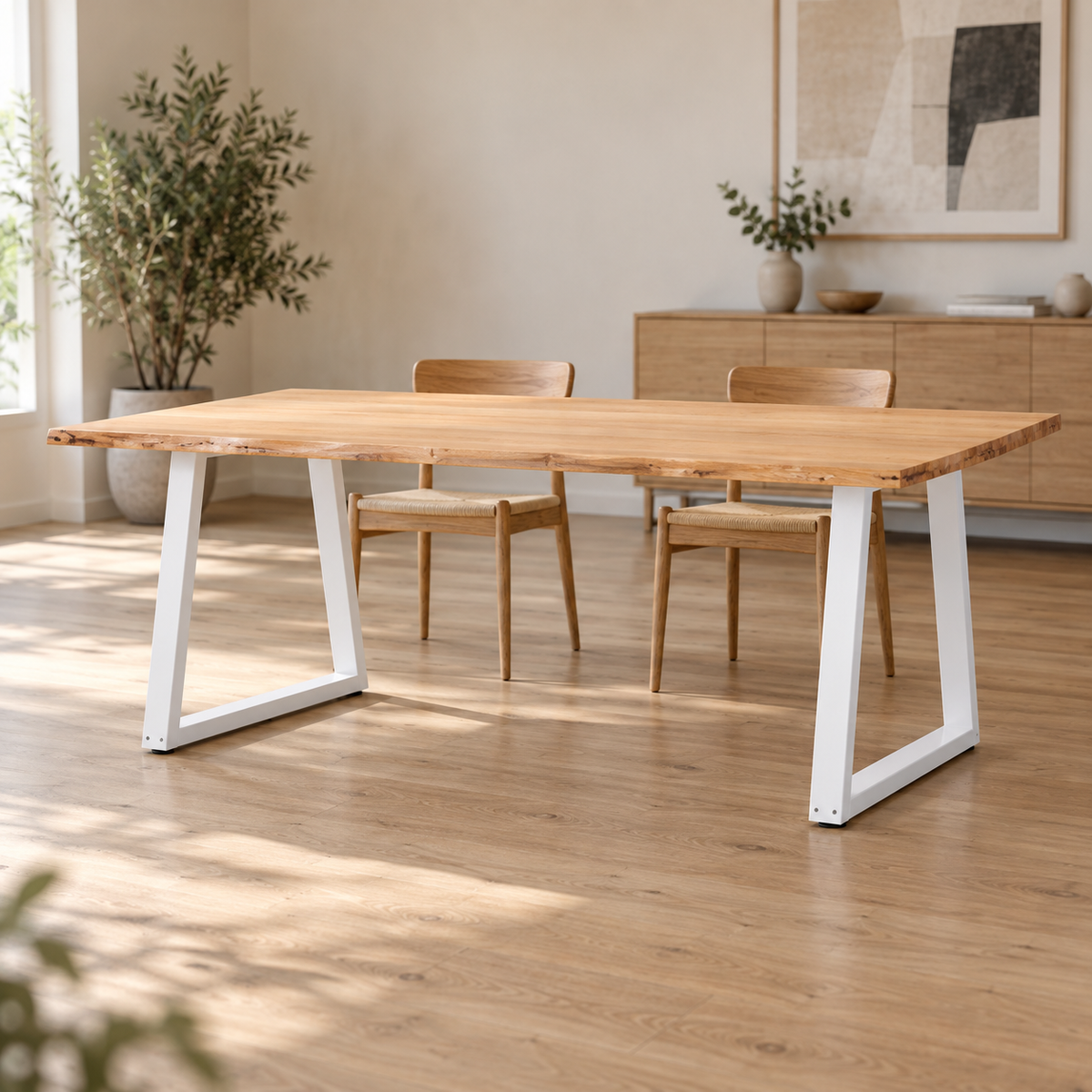 Pieds de table à manger en V en acier blanc, lot de 2, 70 × 72 cm, en situation dans une salle à manger