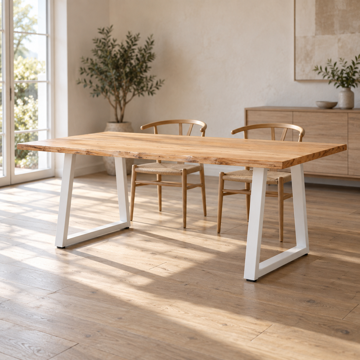 Pieds de table à manger en V en acier blanc, lot de 2, 80 × 72 cm, en situation dans une salle à manger