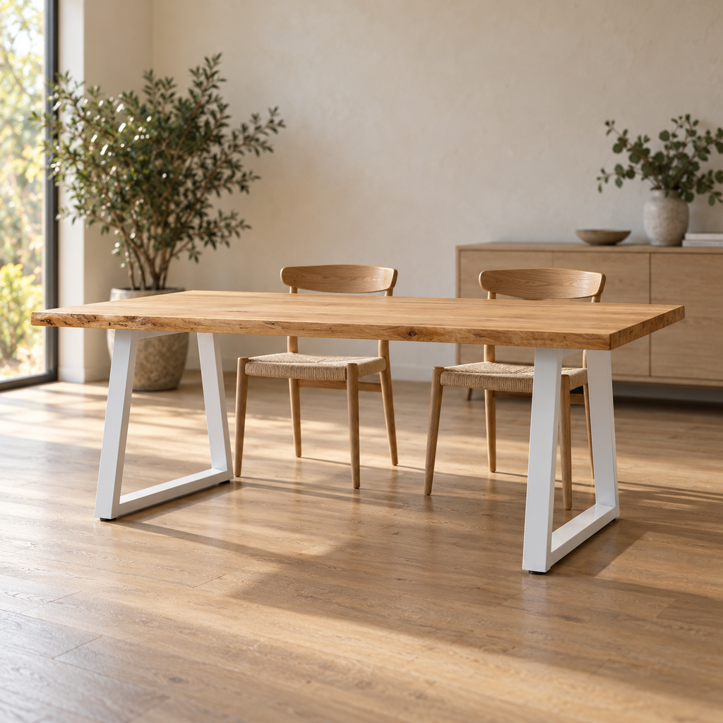 Pieds de table à manger en V en acier blanc, lot de 2, 90 × 72 cm, en situation dans une salle à manger