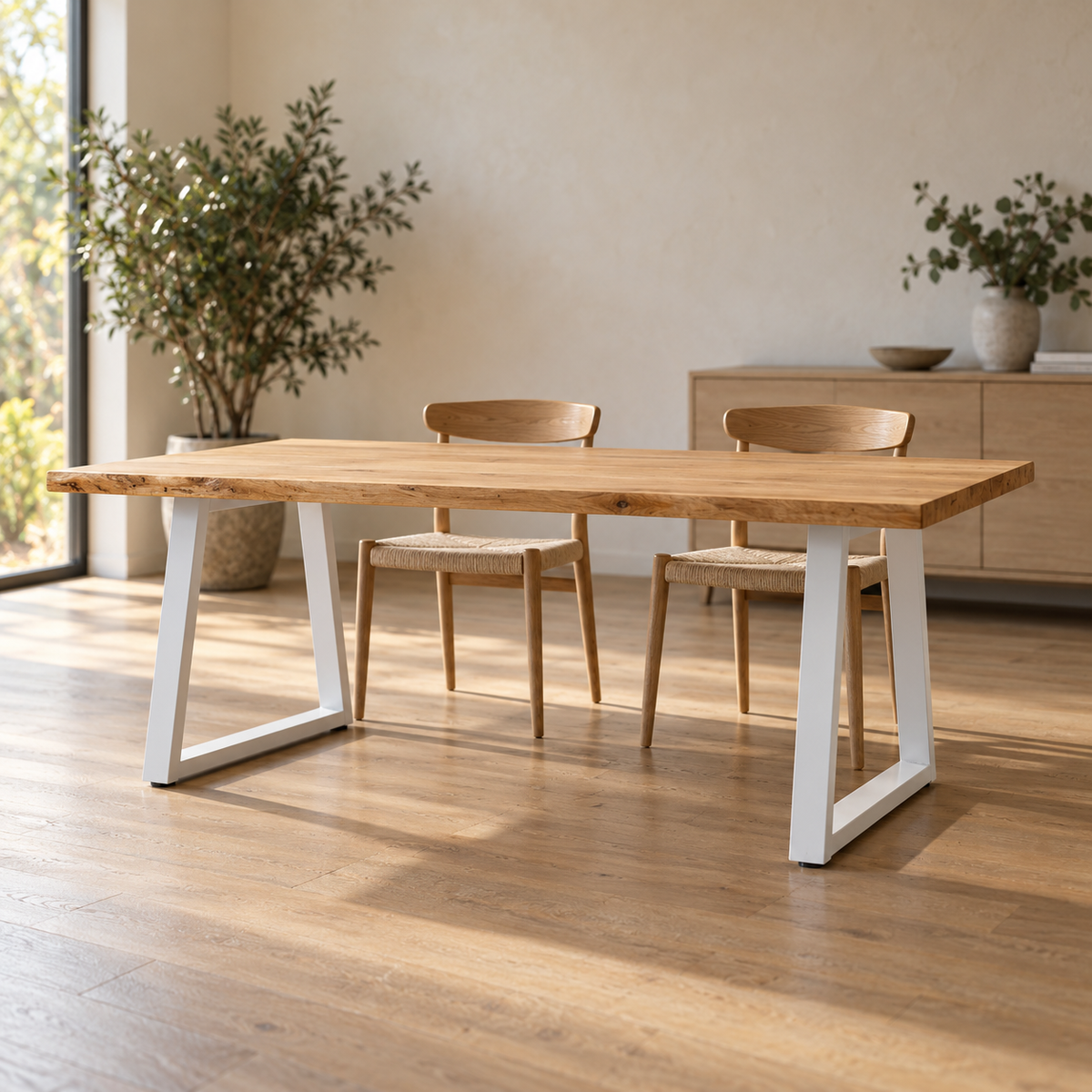 Pieds de table à manger en V en acier blanc, lot de 2, 90 × 72 cm, en situation dans une salle à manger