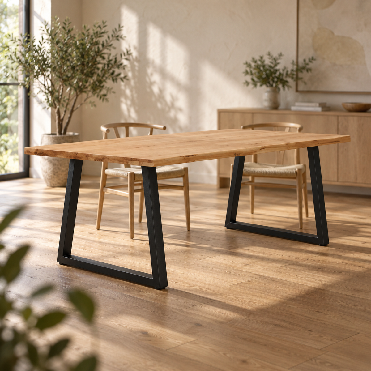 Pieds de table à manger en V en acier noir, lot de 2, 100 × 72 cm, en situation dans une salle à manger