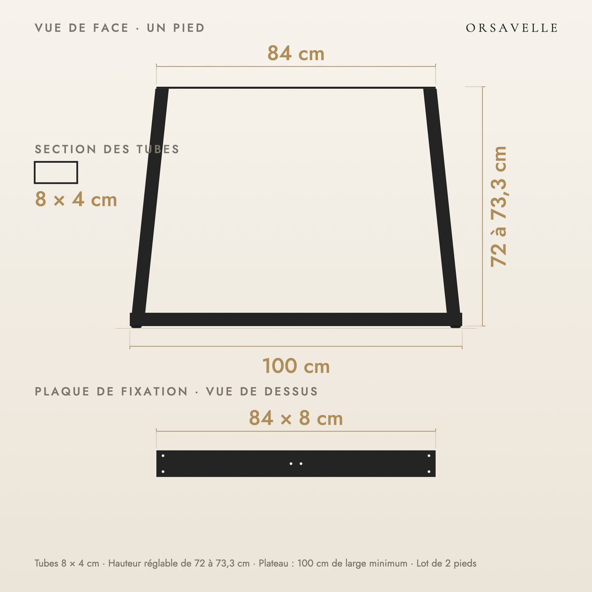 Schéma coté des Pieds de table à manger en V en acier, Lot de 2, 100 × 72 cm : vue de face d'un pied, plaque de fixation, dimensions en cm