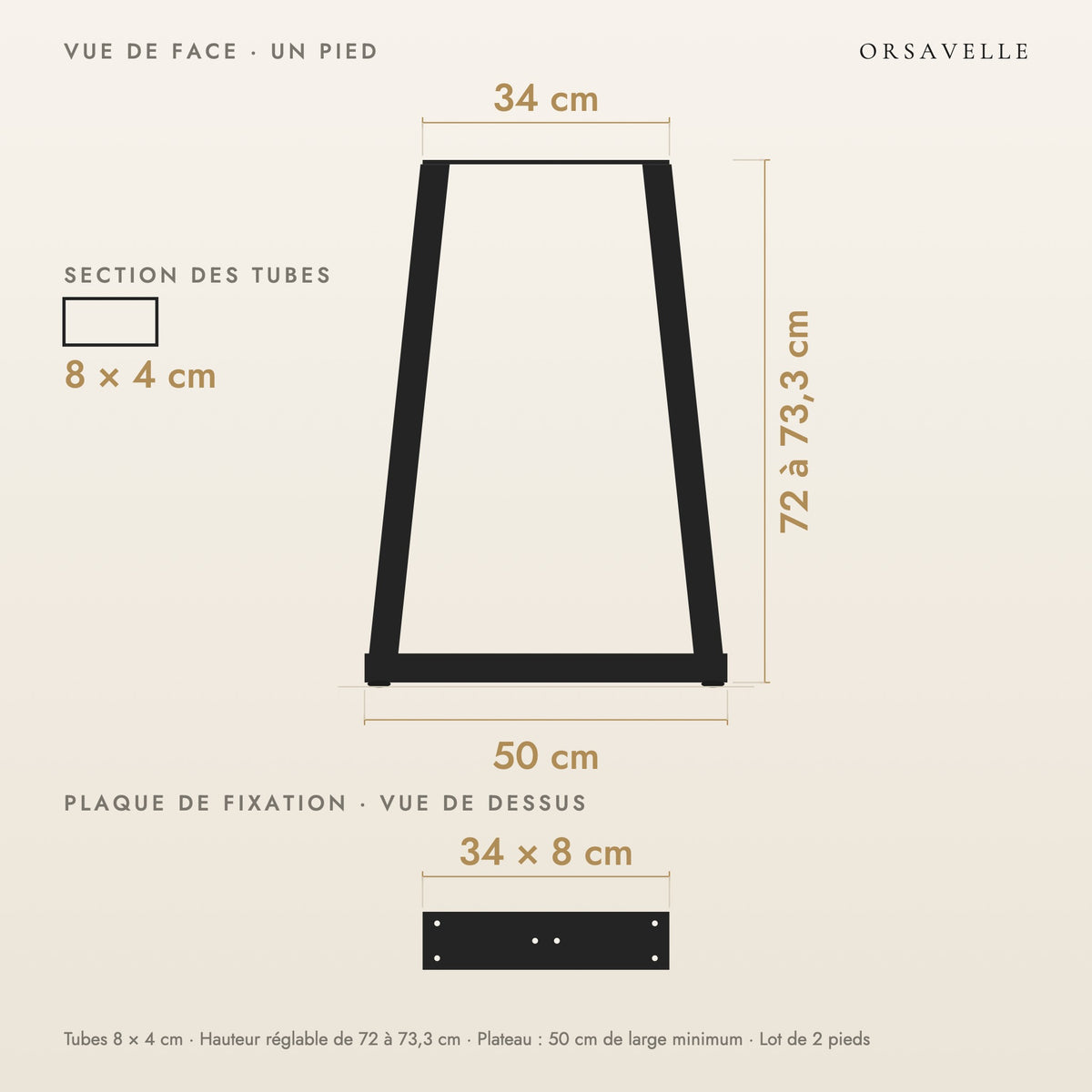 Schéma coté des Pieds de table à manger en V en acier, Lot de 2, 50 × 72 cm : vue de face d'un pied, plaque de fixation, dimensions en cm